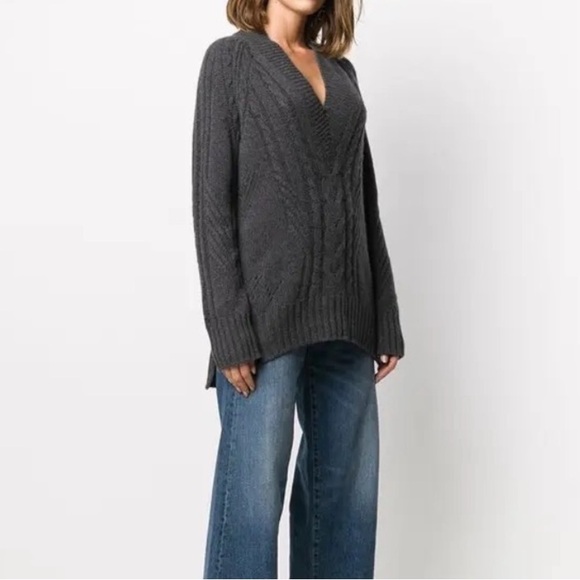 Zadig & Voltaire Elly Cashmere Sweater Size Medium Gray Cable Knit V Neck - Picture 1 of 12